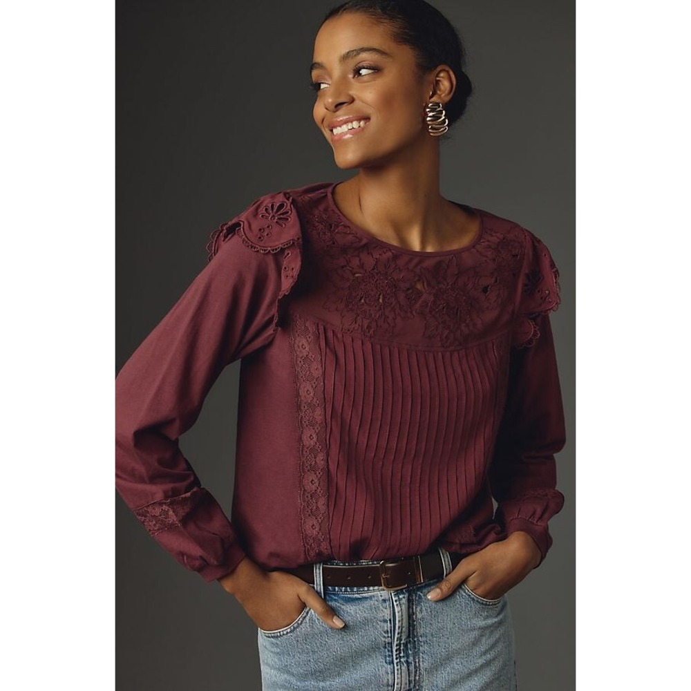 Anthropologie Tiny Crescent Ruffled Lace Top Bordeaux S NWT Floral Eyelet Cotton